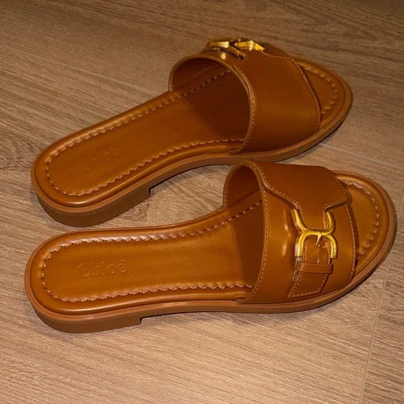 Chloe Tan Leather Slide Sandals - Picture 2 of 6